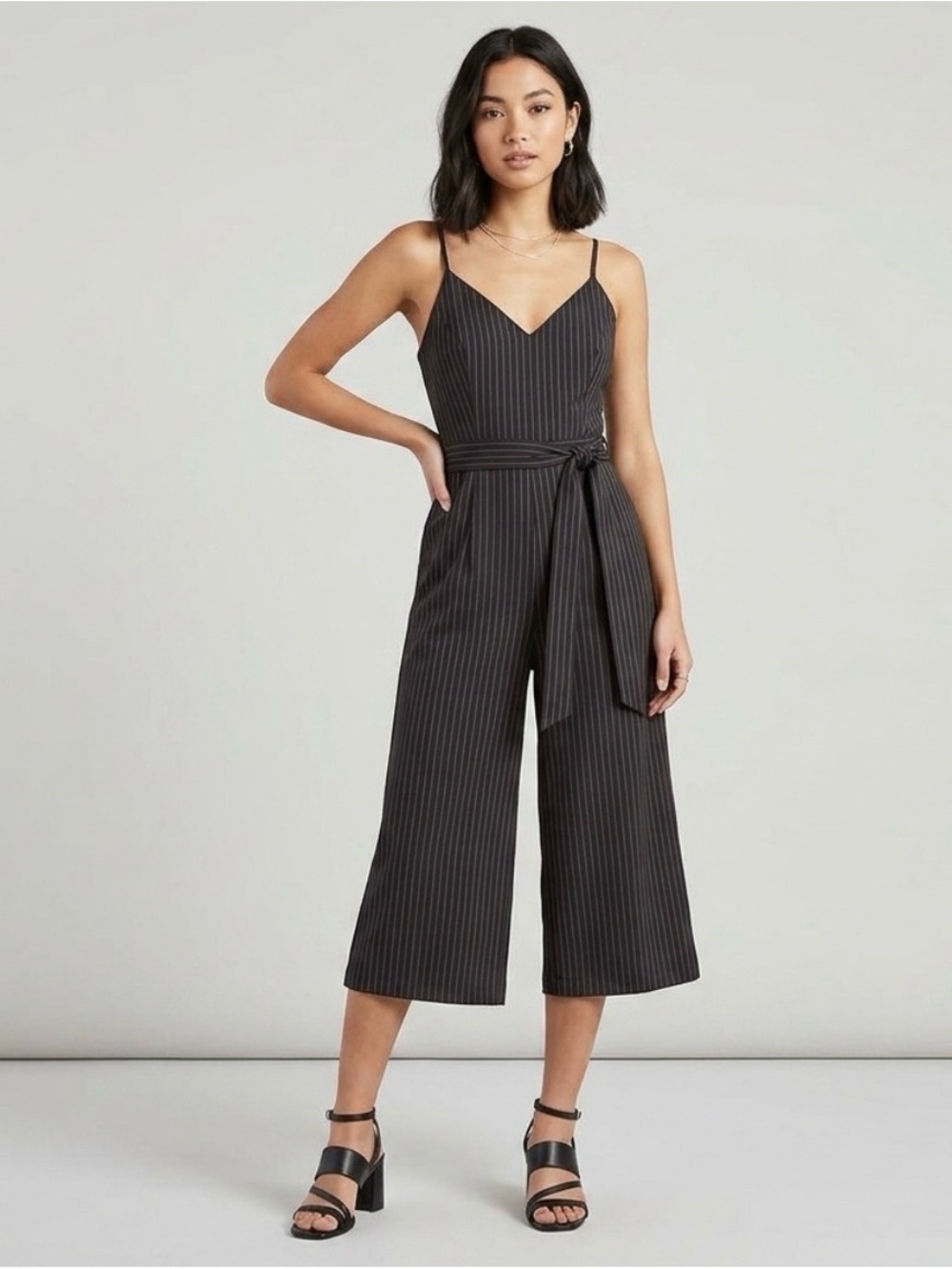 Wool blend pin striped Women's Wide Leg Jumpsuit capri size L